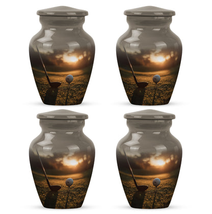 Sunrise Gold Golf Cremation Urn side profile showing urn shape - classic sculpted golf pattern on smooth aluminum - 10 inch aluminum urn for cremated remains