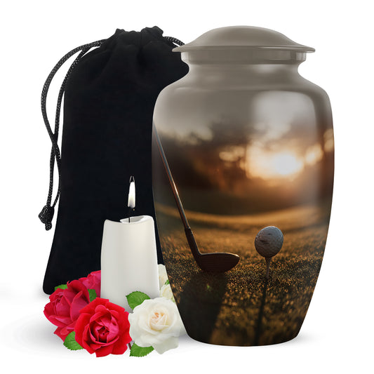 Warm Gold Golf Cremation Urn angled view of lid and engraved motif - elegant classic golf relief with fine detailing - full-size 10 inch 200 cubic inch adult cremation urn
