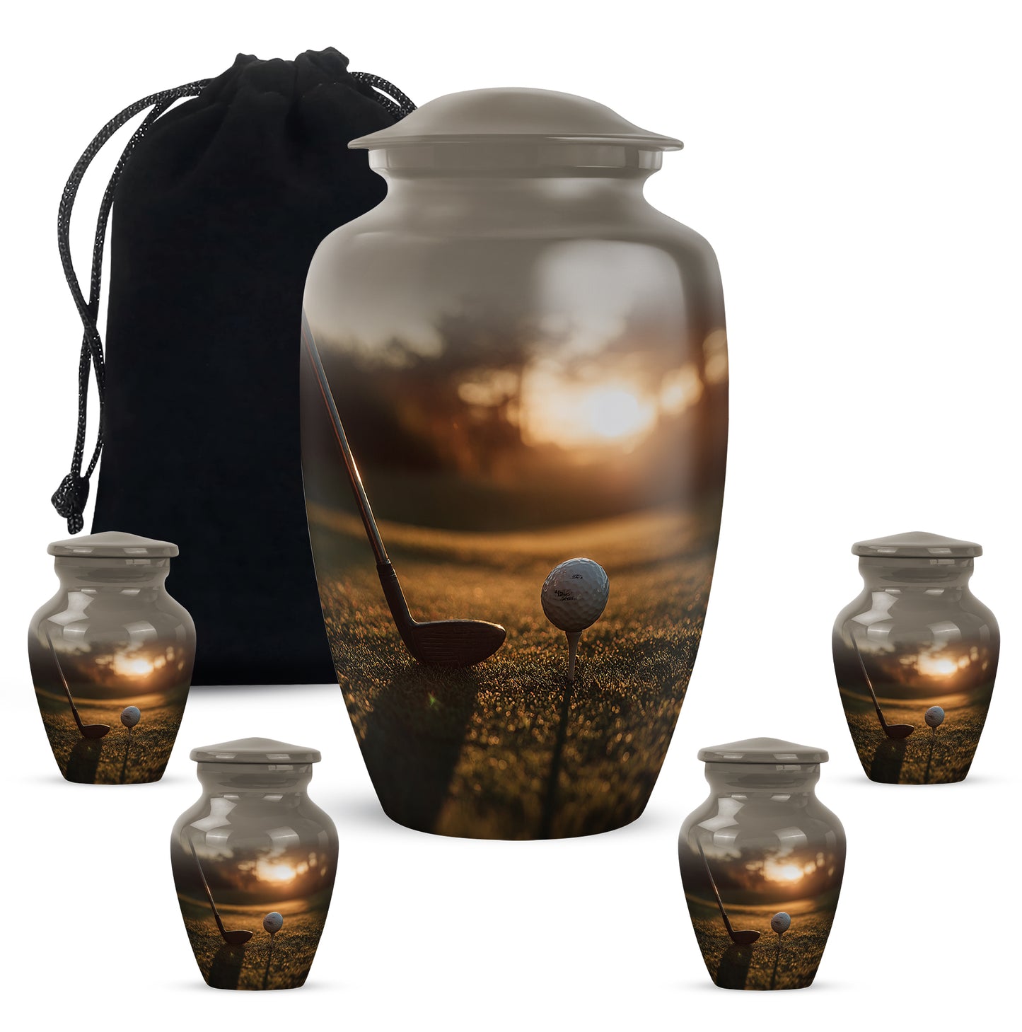 Harvest Gold Golf Cremation Urn top-down view of secure threaded lid - traditional golf engraving with hand-polished finish - memorial set with one large and four small urns