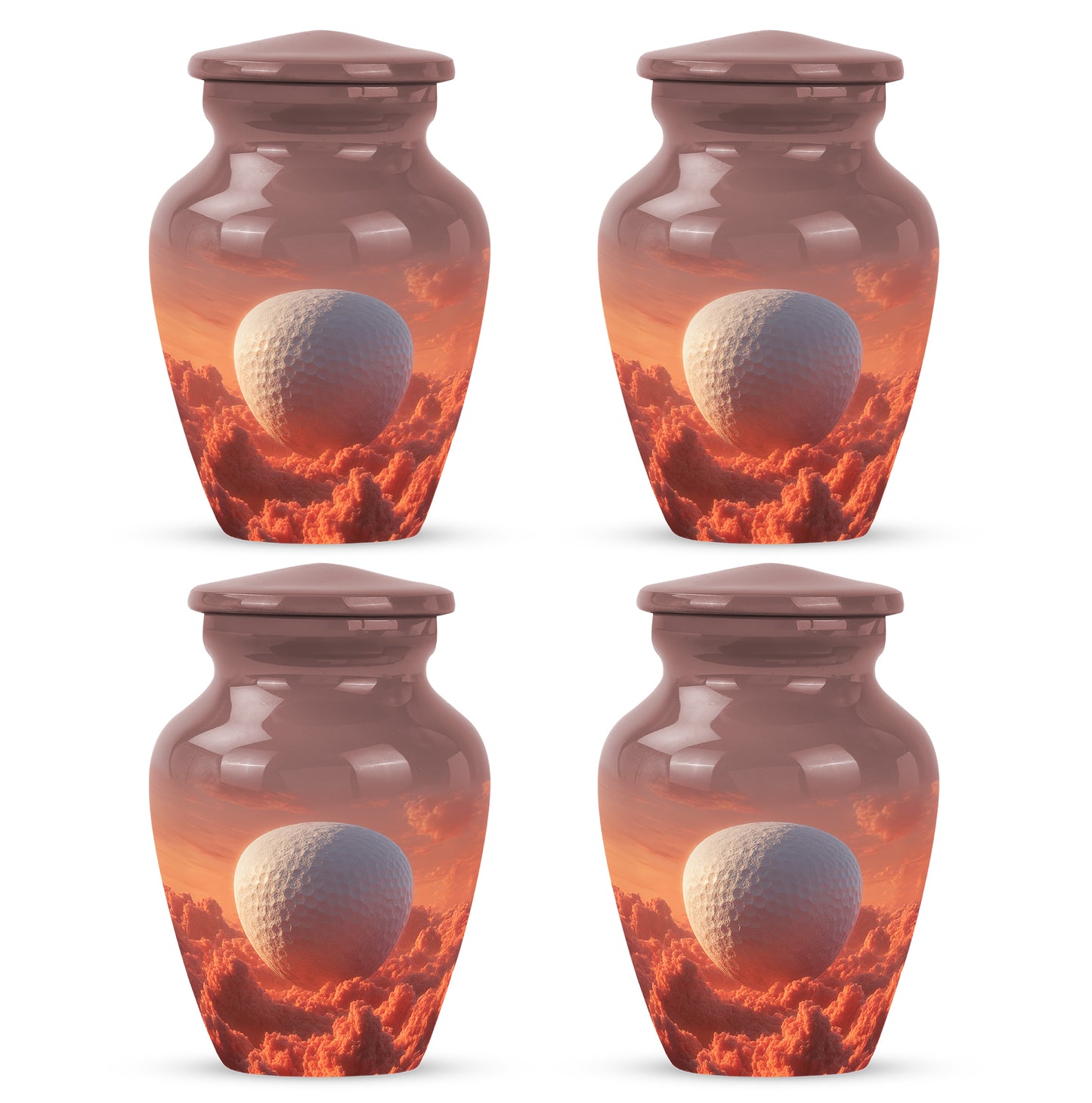 Garnet Red Golf Cremation Urn side profile showing urn shape - classic sculpted golf pattern on smooth aluminum - 10 inch aluminum urn for cremated remains