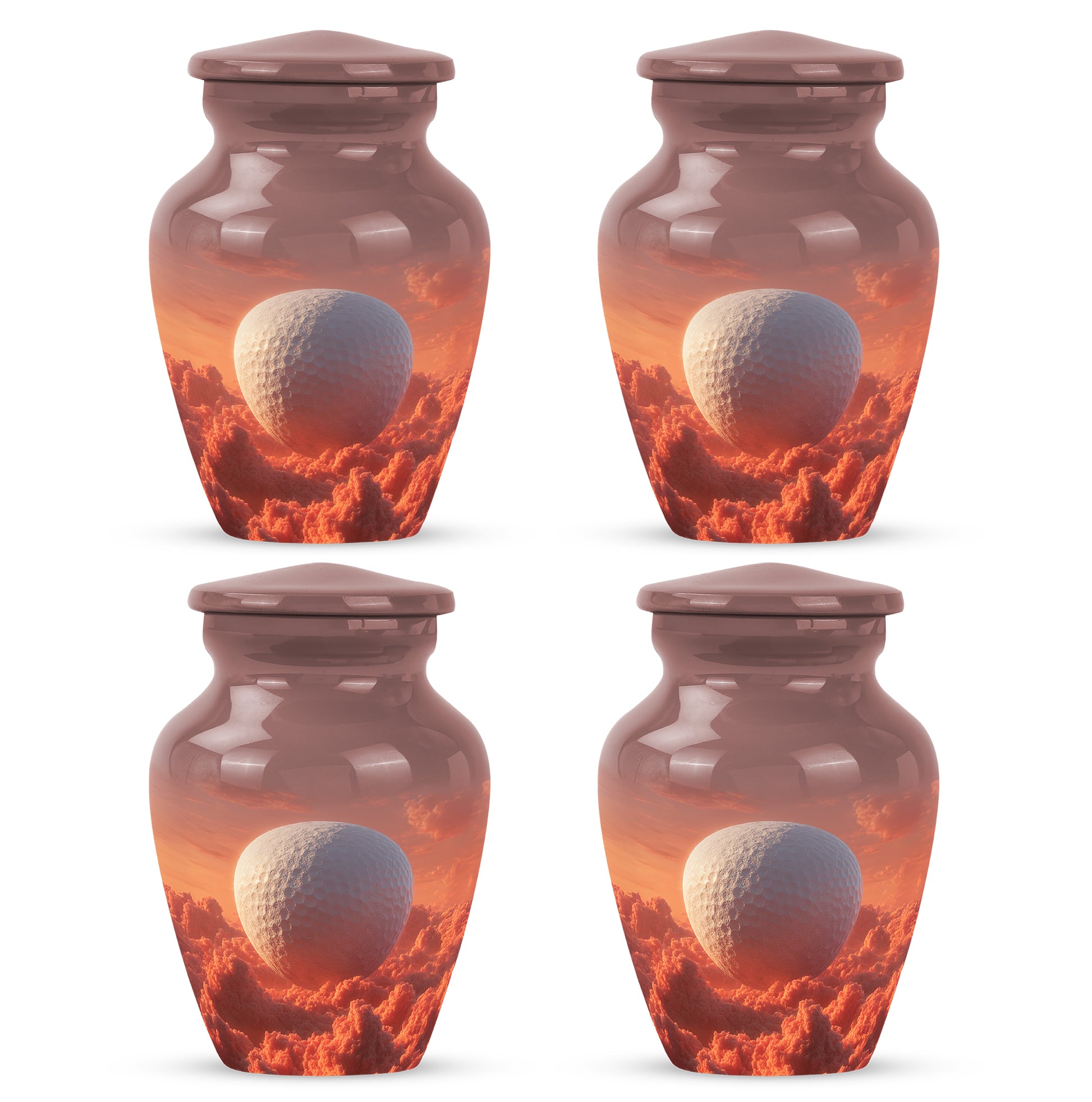 Garnet Red Golf Cremation Urn side profile showing urn shape - classic sculpted golf pattern on smooth aluminum - 10 inch aluminum urn for cremated remains