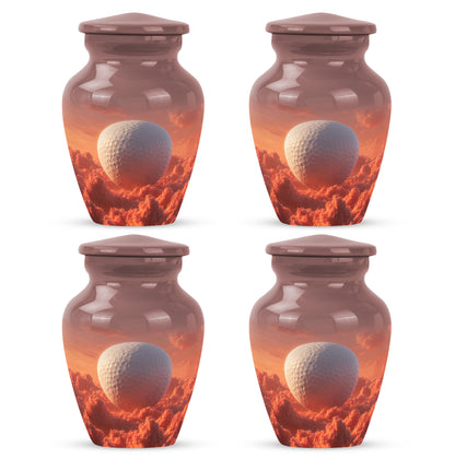 Garnet Red Golf Cremation Urn side profile showing urn shape - classic sculpted golf pattern on smooth aluminum - 10 inch aluminum urn for cremated remains