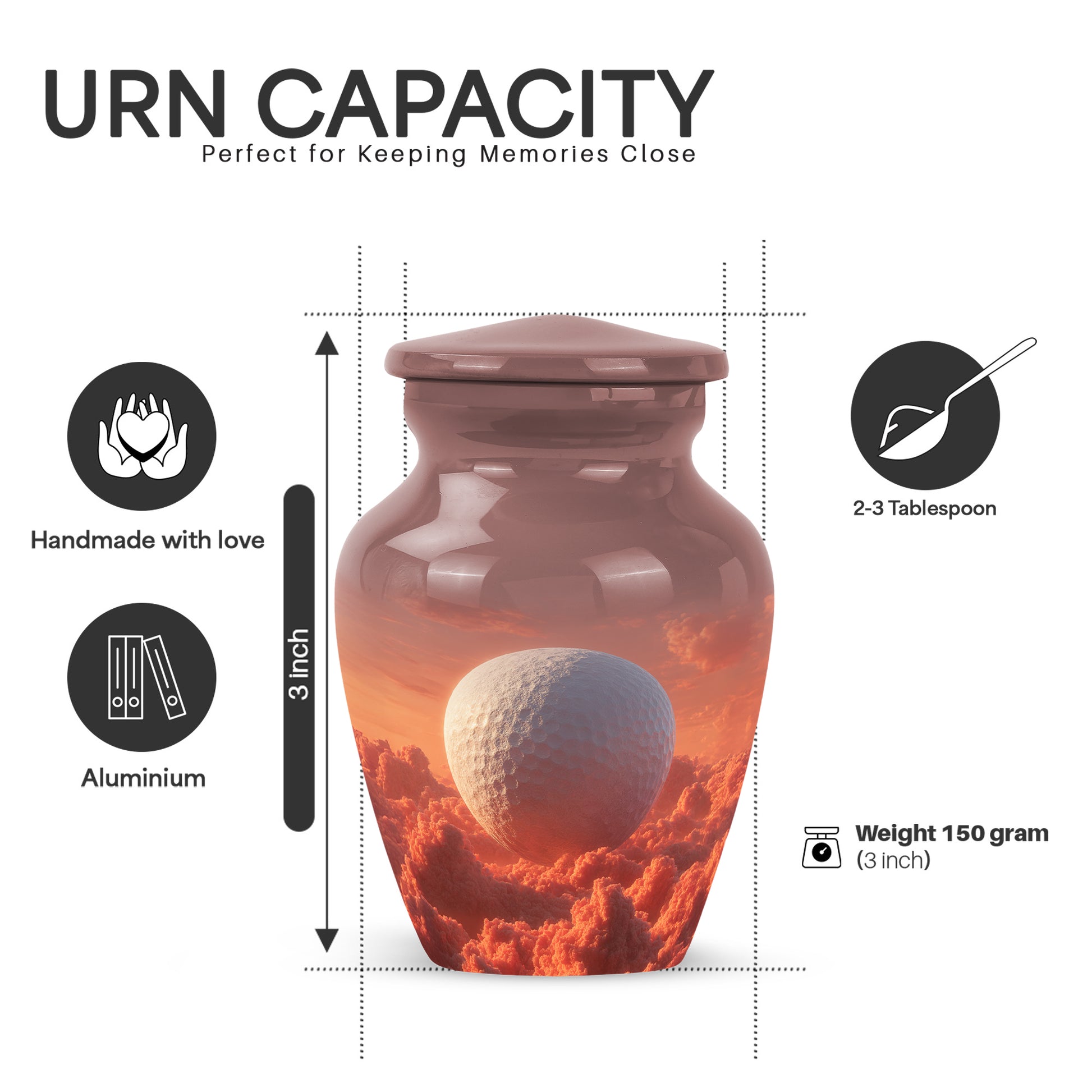 Scarlet Red Golf Cremation Urn close-up of engraving and surface detail - elegant classic golf relief with fine detailing - mini keepsake memorial for portion of cremation ashes