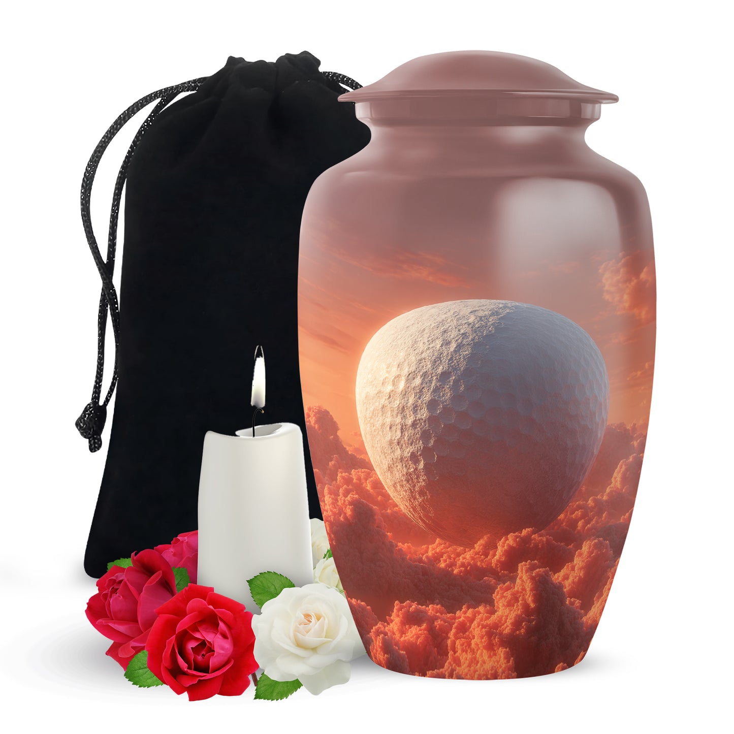 Wine Red Golf Cremation Urn angled view of lid and engraved motif - timeless golf motif etched into premium metal - full-size 10 inch 200 cubic inch adult cremation urn