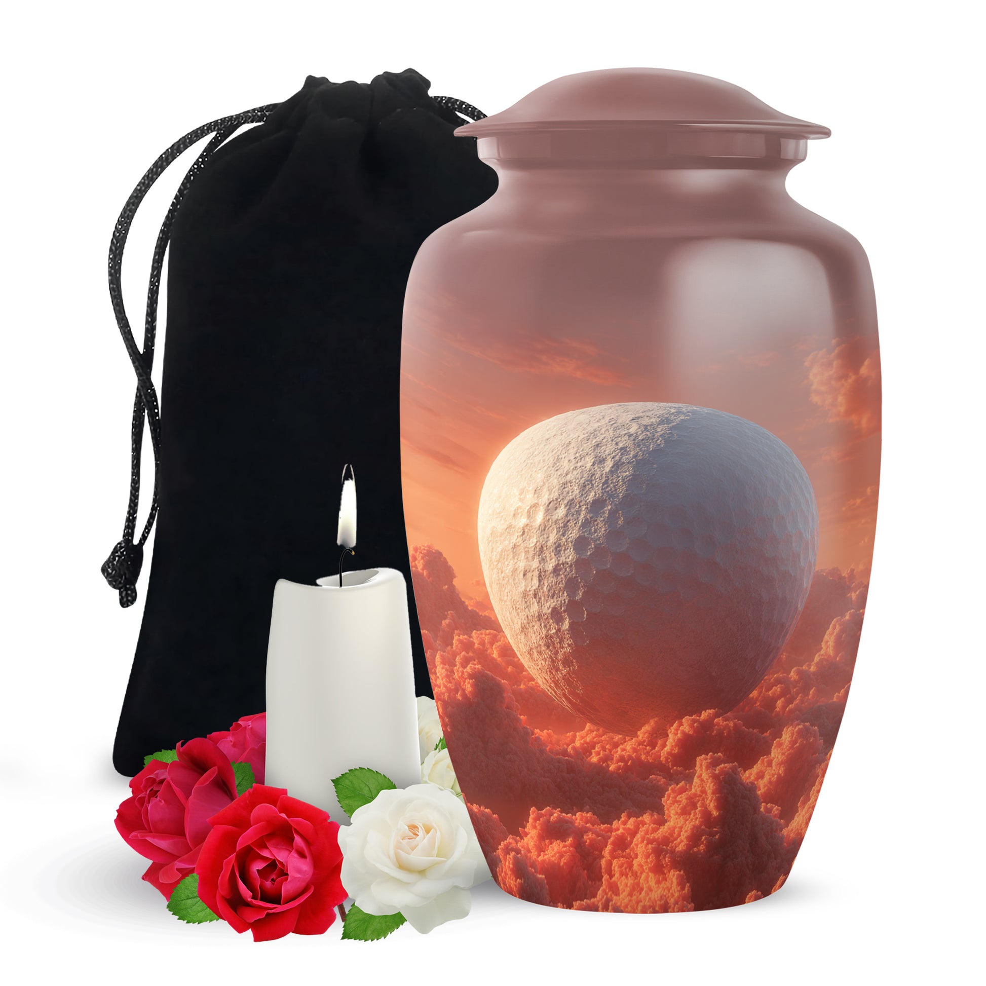 Wine Red Golf Cremation Urn angled view of lid and engraved motif - timeless golf motif etched into premium metal - full-size 10 inch 200 cubic inch adult cremation urn