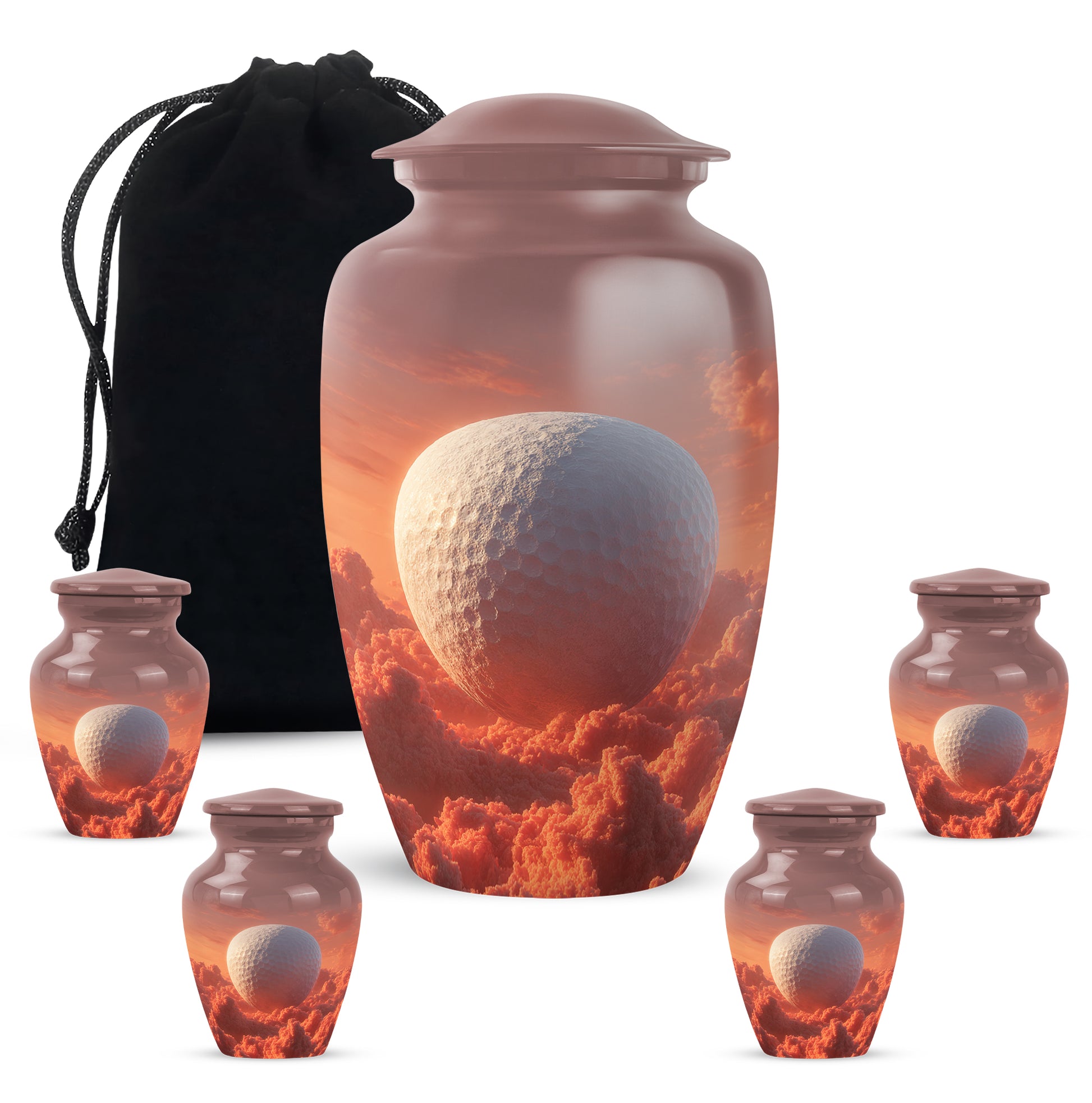 Deep Red Golf Cremation Urn top-down view of secure threaded lid - classic sculpted golf pattern on smooth aluminum - memorial set with one large and four small urns