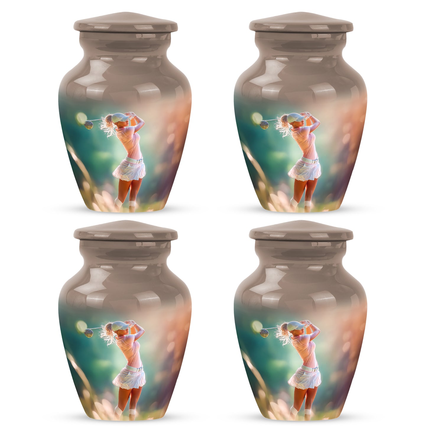 Sunrise Gold Golf Cremation Urn side profile showing urn shape - classic sculpted golf pattern on smooth aluminum - 10 inch aluminum urn for cremated remains