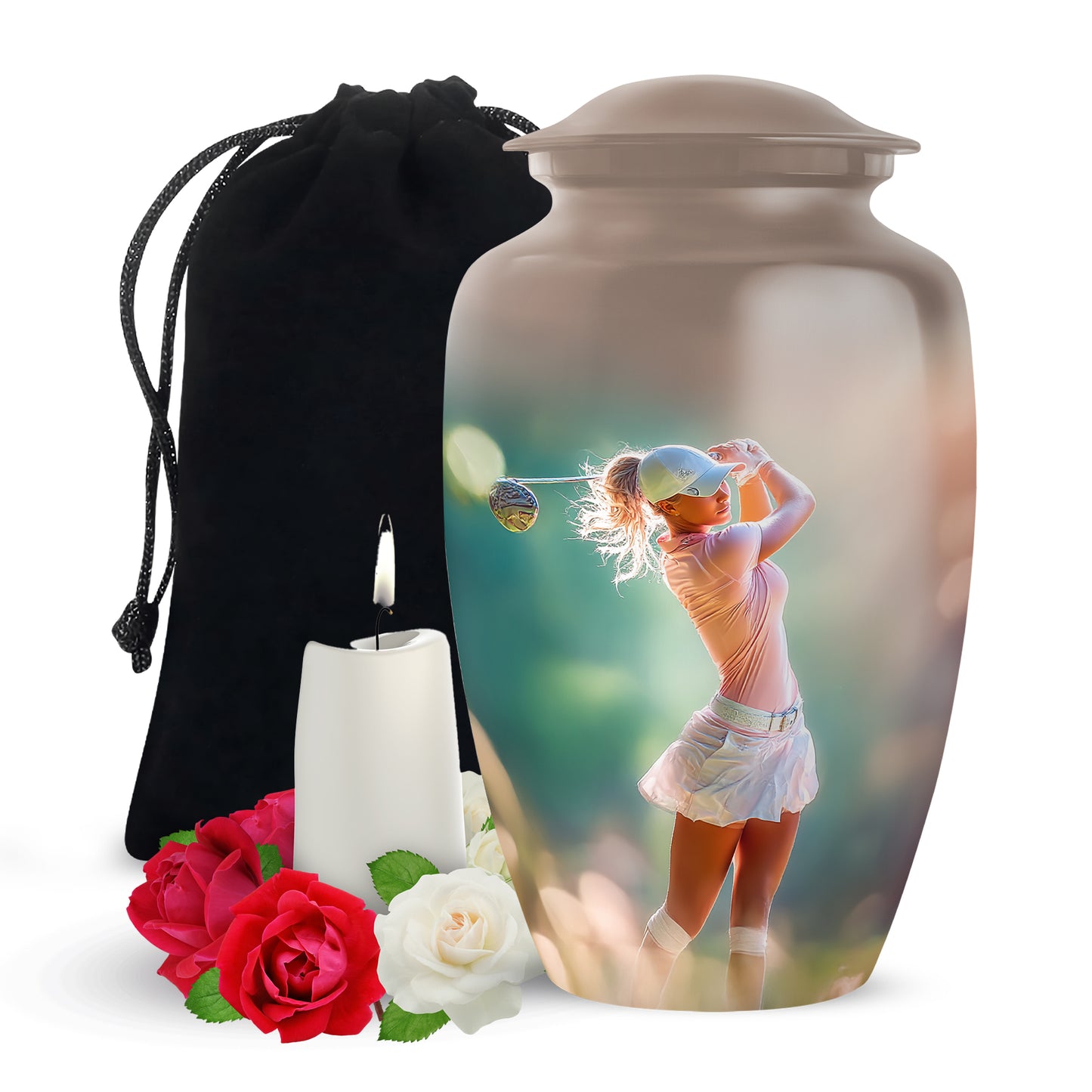Champagne Gold Golf Cremation Urn angled view of lid and engraved motif - timeless golf motif etched into premium metal - full-size 10 inch 200 cubic inch adult cremation urn