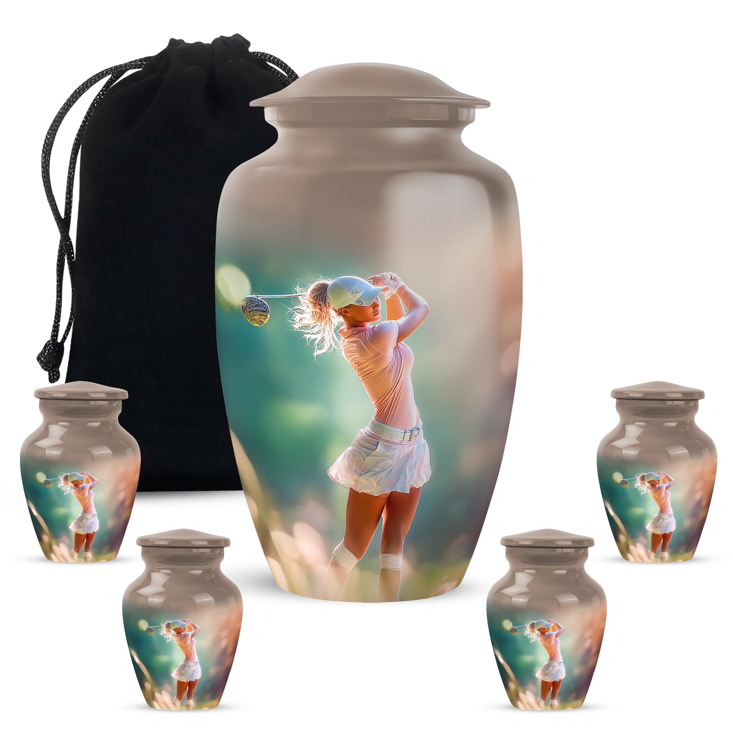 Amber Gold Golf Cremation Urn top-down view of secure threaded lid - classic sculpted golf pattern on smooth aluminum - memorial set with one large and four small urns