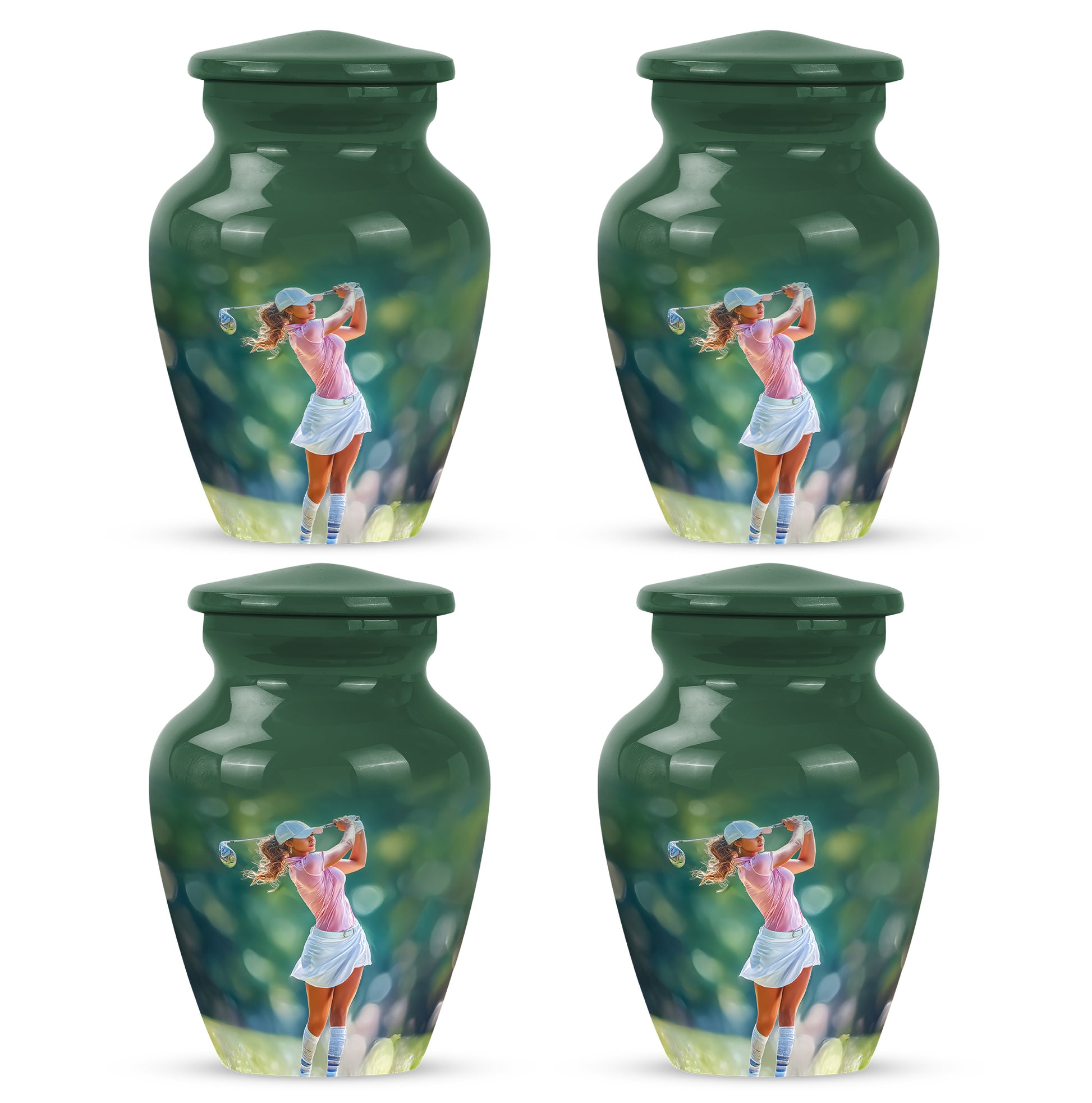 Verdant Green Golf Cremation Urn side profile showing urn shape - classic sculpted golf pattern on smooth aluminum - 10 inch aluminum urn for cremated remains