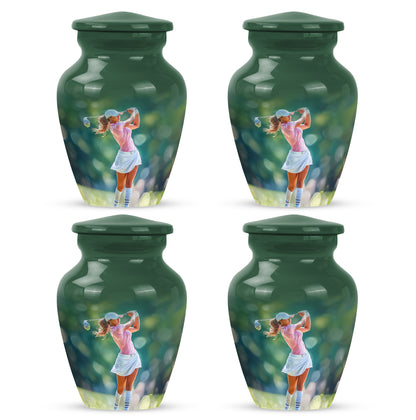 Verdant Green Golf Cremation Urn side profile showing urn shape - classic sculpted golf pattern on smooth aluminum - 10 inch aluminum urn for cremated remains