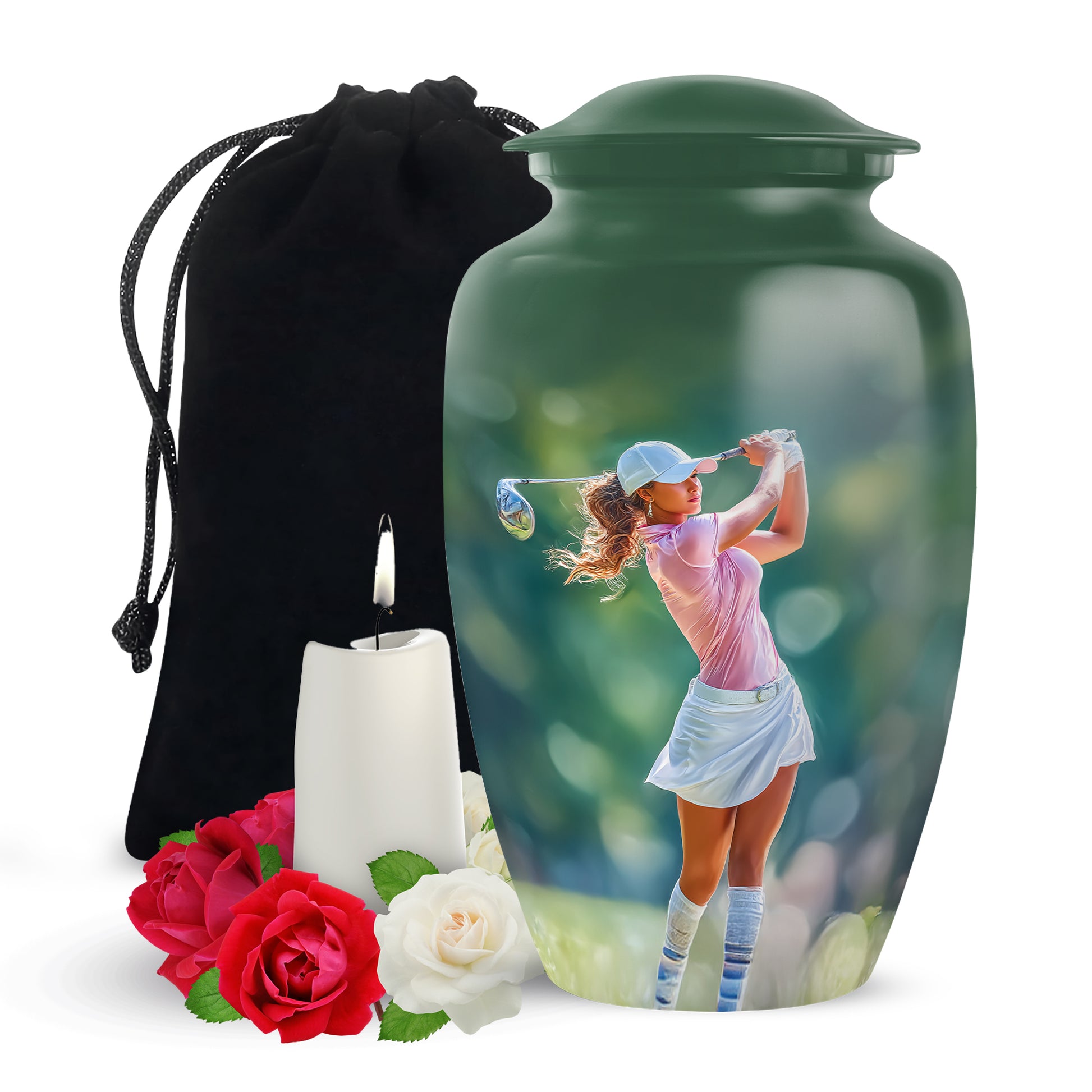 Moss Green Golf Cremation Urn angled view of lid and engraved motif - timeless golf motif etched into premium metal - full-size 10 inch 200 cubic inch adult cremation urn