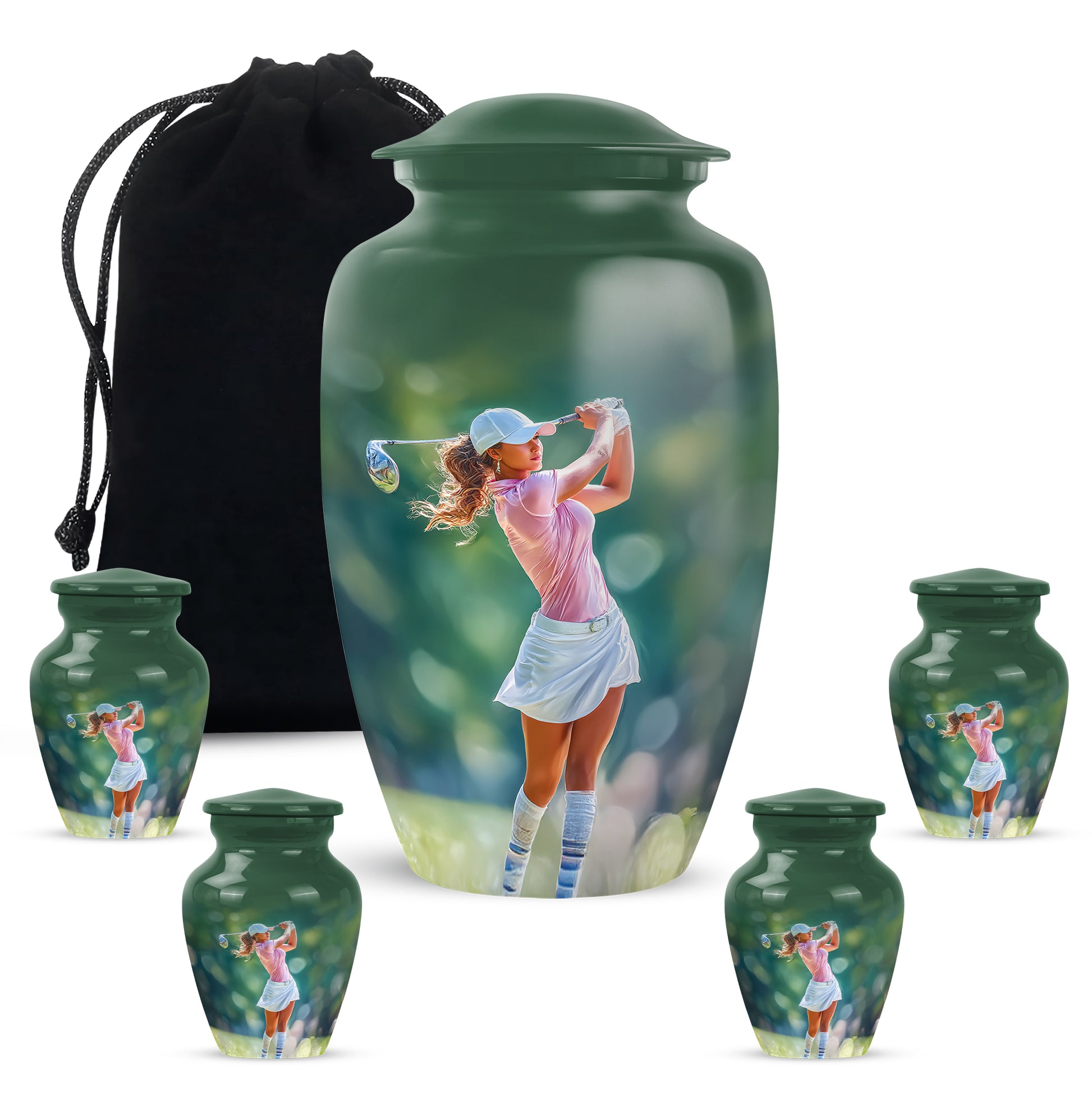 Mint Green Golf Cremation Urn top-down view of secure threaded lid - elegant classic golf relief with fine detailing - memorial set with one large and four small urns