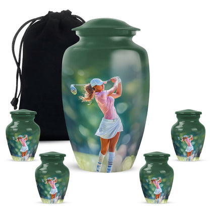 Mint Green Golf Cremation Urn top-down view of secure threaded lid - elegant classic golf relief with fine detailing - memorial set with one large and four small urns