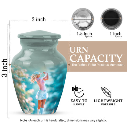 Brushed Silver Golf Cremation Urn close-up of engraving and surface detail - timeless golf motif etched into premium metal - mini keepsake memorial for portion of cremation ashes