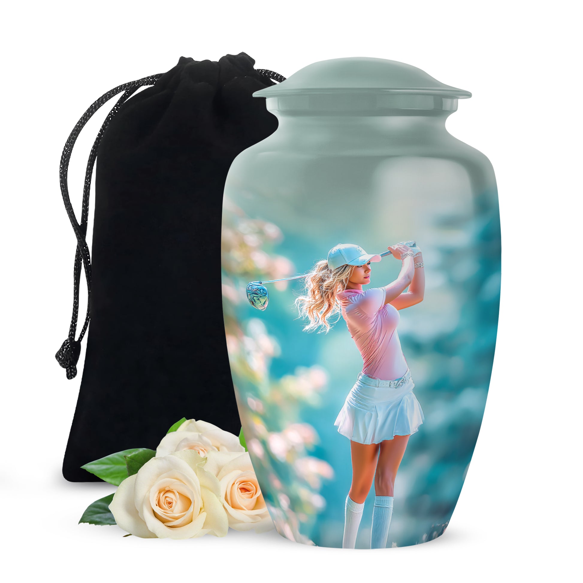 Satin Silver Golf Cremation Urn angled view of lid and engraved motif - timeless golf motif etched into premium metal - full-size 10 inch 200 cubic inch adult cremation urn