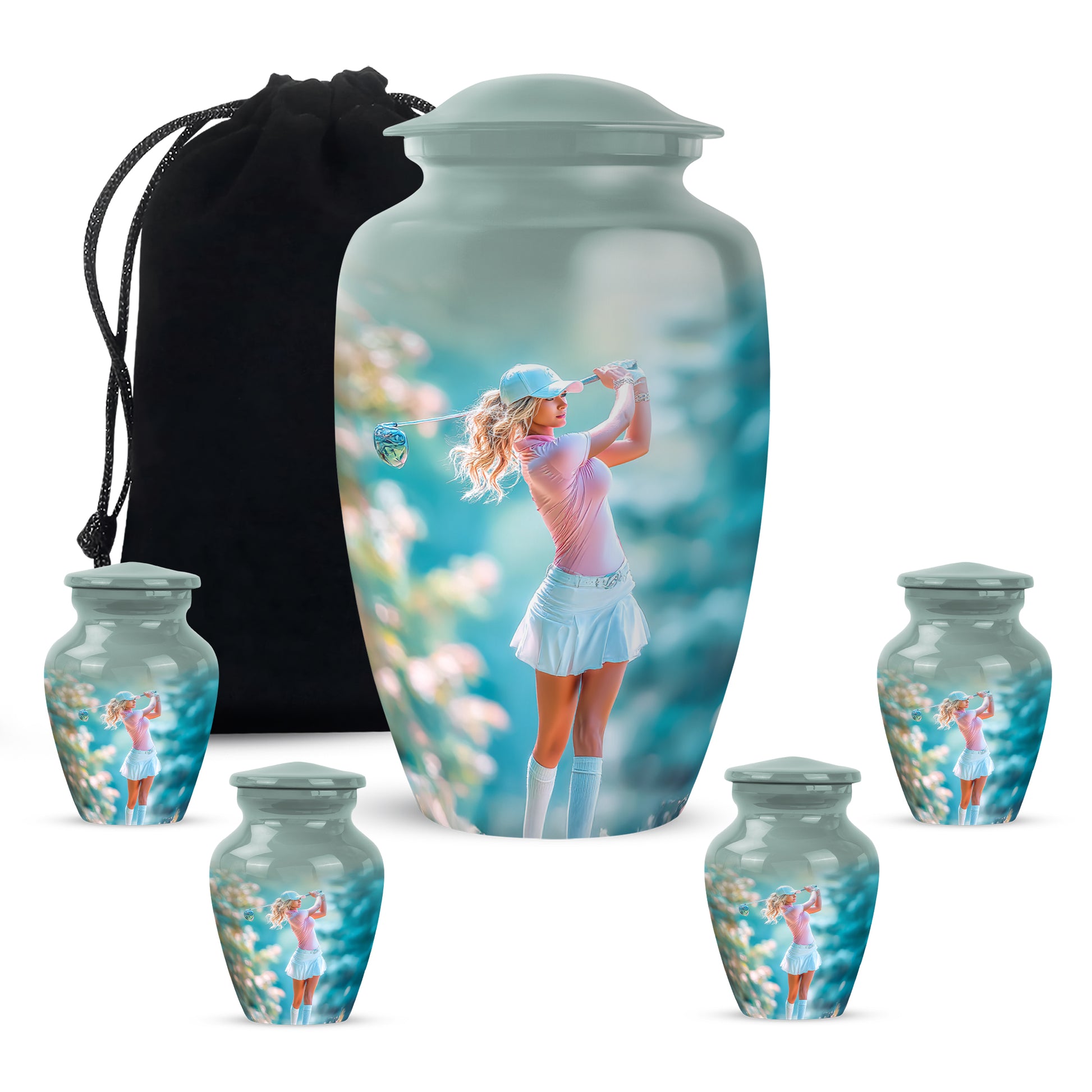 Moonlight Silver Golf Cremation Urn top-down view of secure threaded lid - elegant classic golf relief with fine detailing - memorial set with one large and four small urns