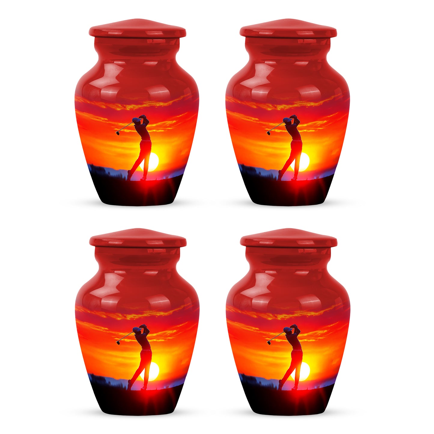 Burgundy Red Golf Cremation Urn side profile showing urn shape - timeless golf motif etched into premium metal - 10 inch aluminum urn for cremated remains