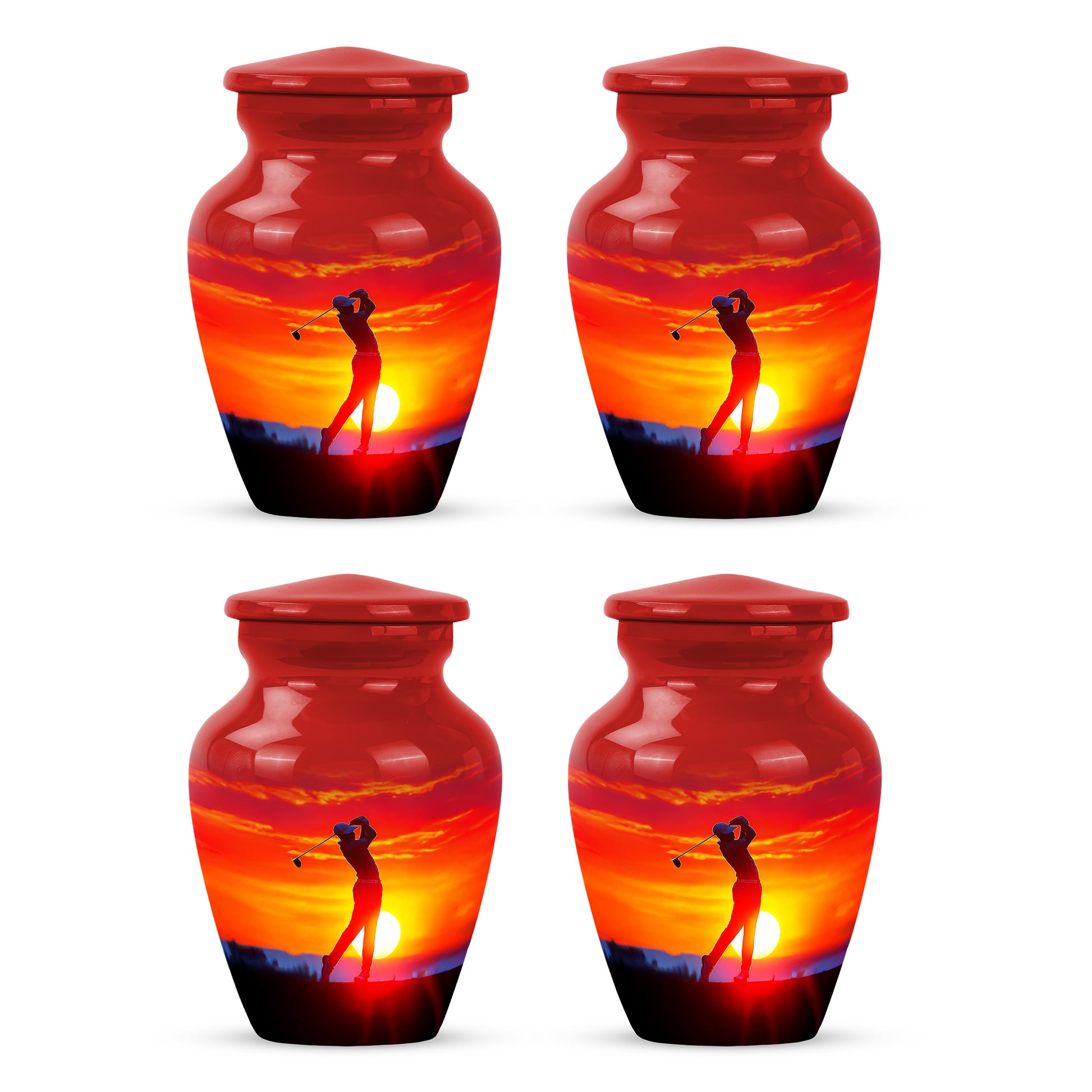 Burgundy Red Golf Cremation Urn side profile showing urn shape - timeless golf motif etched into premium metal - 10 inch aluminum urn for cremated remains