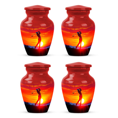 Burgundy Red Golf Cremation Urn side profile showing urn shape - timeless golf motif etched into premium metal - 10 inch aluminum urn for cremated remains