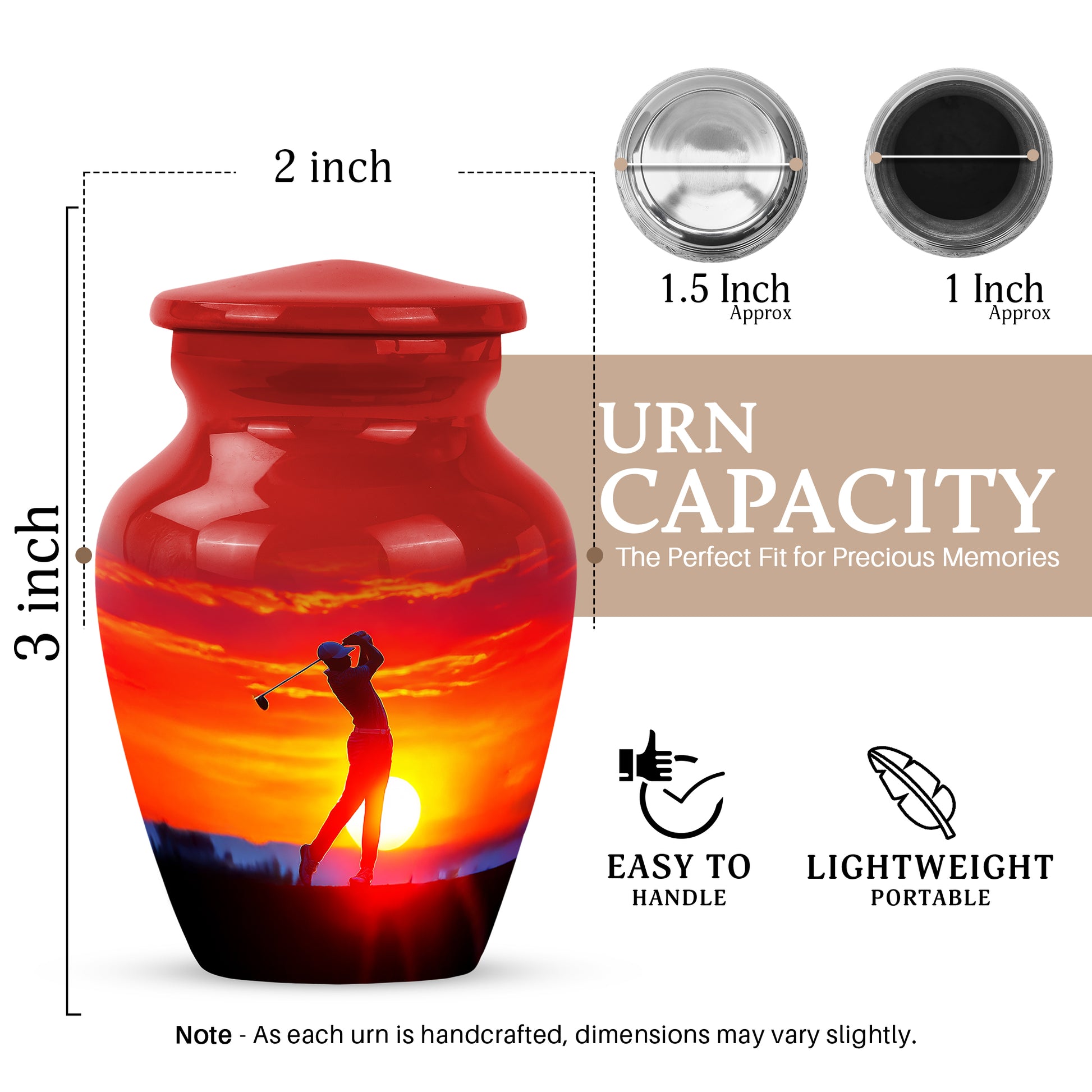 Scarlet Red Golf Cremation Urn close-up of engraving and surface detail - traditional golf engraving with hand-polished finish - mini keepsake memorial for portion of cremation ashes
