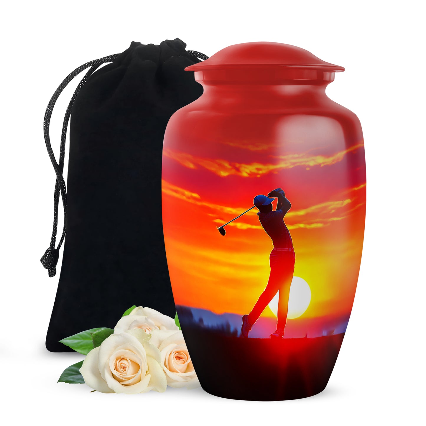 Scarlet Red Golf Cremation Urn angled view of lid and engraved motif - traditional golf engraving with hand-polished finish - full-size 10 inch 200 cubic inch adult cremation urn