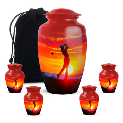 Deep Red Golf Cremation Urn top-down view of secure threaded lid - timeless golf motif etched into premium metal - memorial set with one large and four small urns