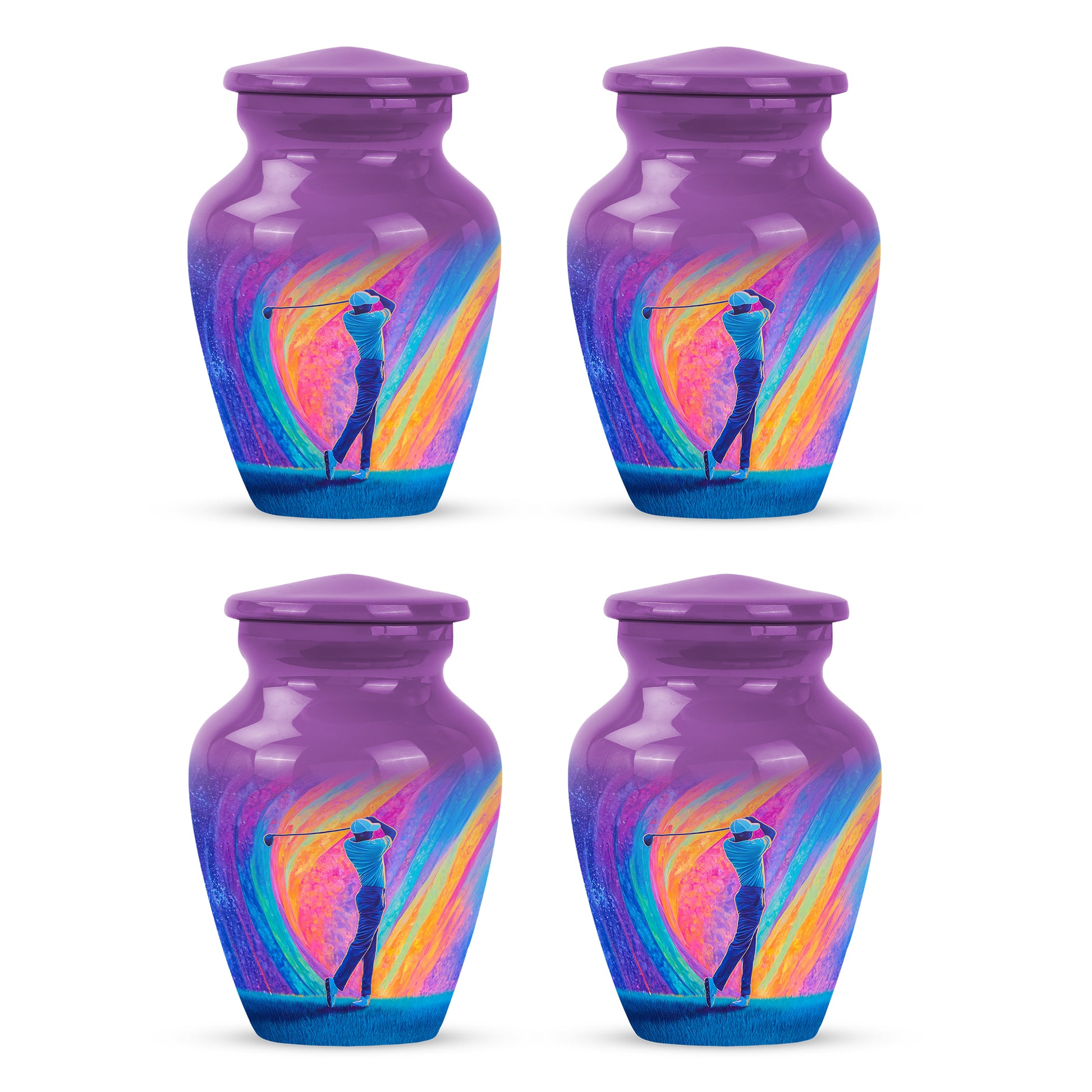 Majestic Purple Golf Cremation Urn side profile showing urn shape - timeless golf motif etched into premium metal - 10 inch aluminum urn for cremated remains