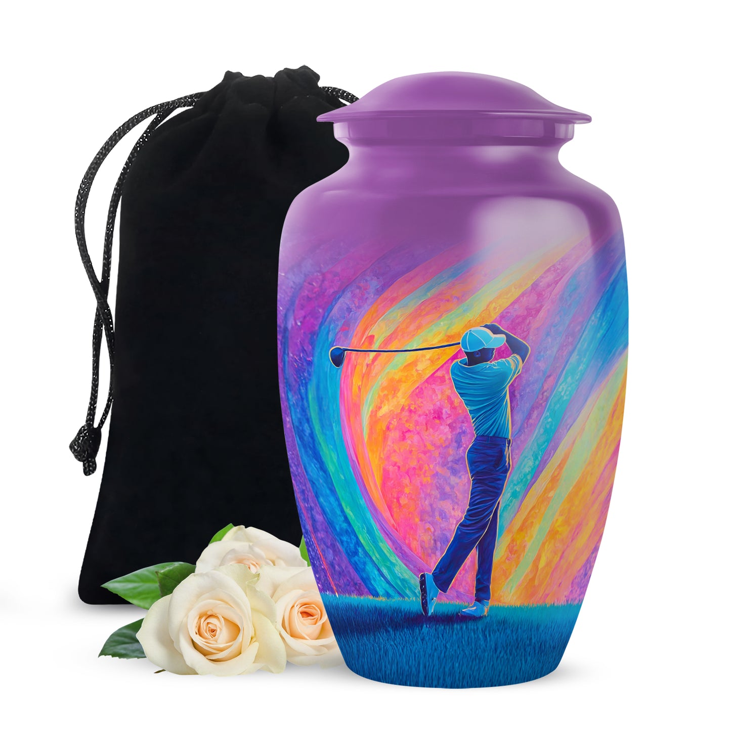 Royal Purple Golf Cremation Urn angled view of lid and engraved motif - traditional golf engraving with hand-polished finish - full-size 10 inch 200 cubic inch adult cremation urn