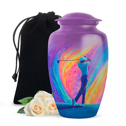 Royal Purple Golf Cremation Urn angled view of lid and engraved motif - traditional golf engraving with hand-polished finish - full-size 10 inch 200 cubic inch adult cremation urn