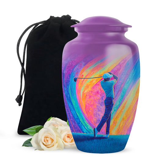 Royal Purple Golf Cremation Urn angled view of lid and engraved motif - traditional golf engraving with hand-polished finish - full-size 10 inch 200 cubic inch adult cremation urn