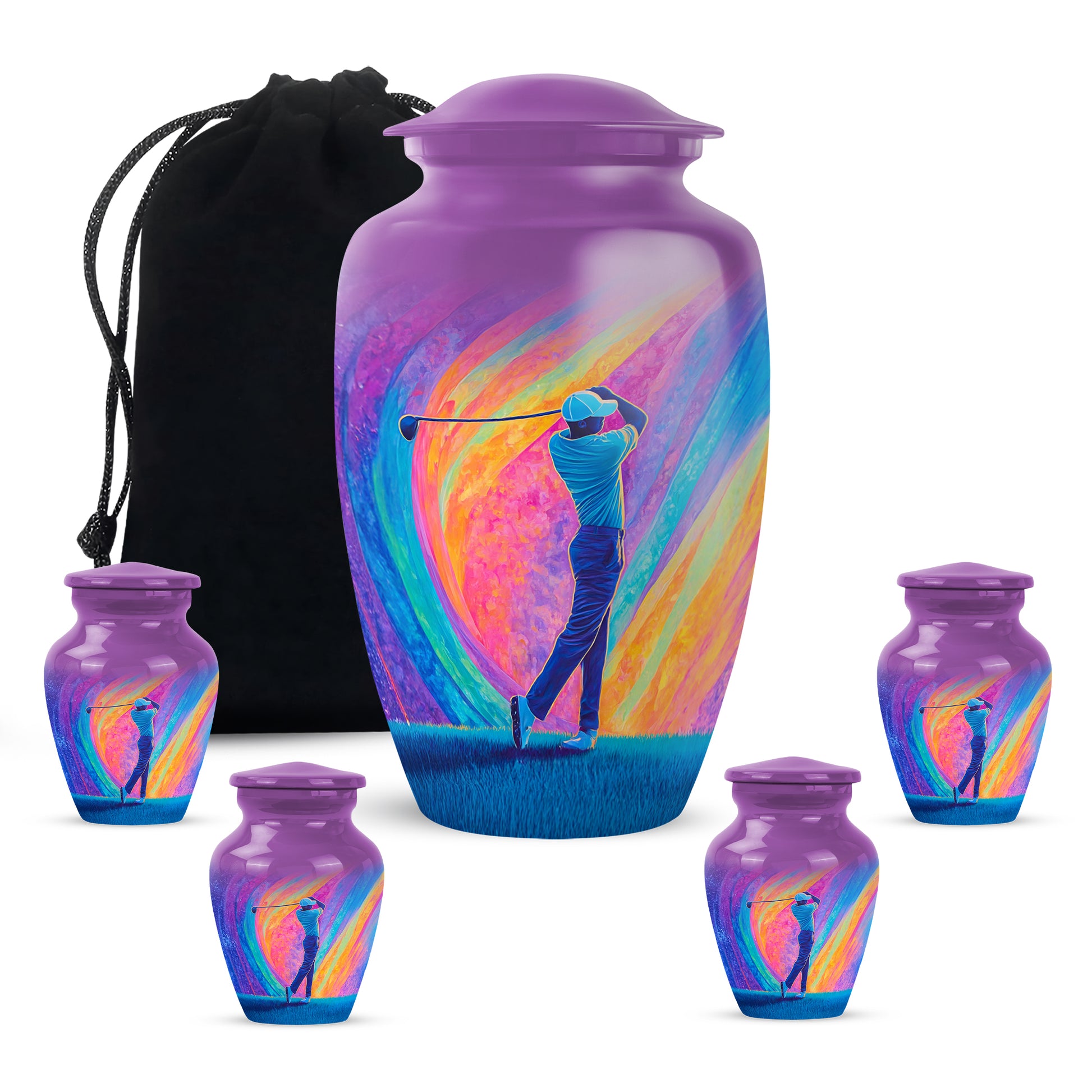 Royal Purple Golf Cremation Urn top-down view of secure threaded lid - elegant classic golf relief with fine detailing - memorial set with one large and four small urns