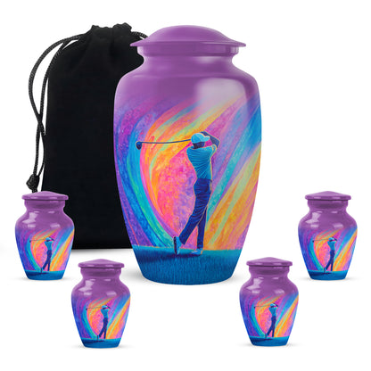 Royal Purple Golf Cremation Urn top-down view of secure threaded lid - elegant classic golf relief with fine detailing - memorial set with one large and four small urns