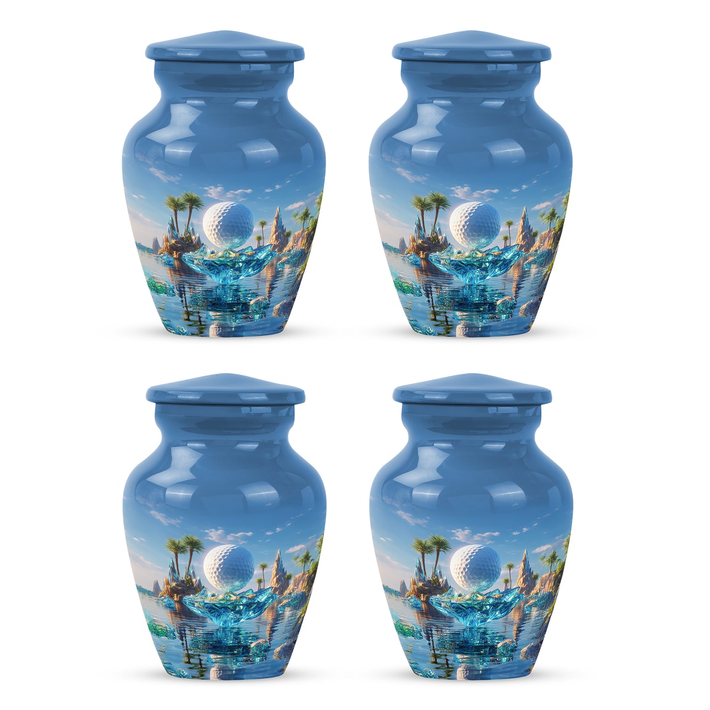 Soft Blue Golf Cremation Urn side profile showing urn shape - elegant classic golf relief with fine detailing - 10 inch aluminum urn for cremated remains