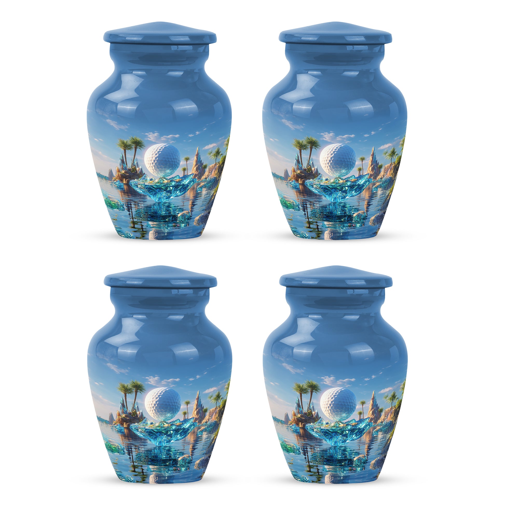 Soft Blue Golf Cremation Urn side profile showing urn shape - elegant classic golf relief with fine detailing - 10 inch aluminum urn for cremated remains