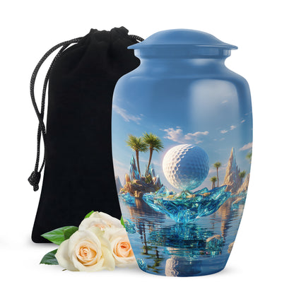 Twilight Blue Golf Cremation Urn angled view of lid and engraved motif - traditional golf engraving with hand-polished finish - full-size 10 inch 200 cubic inch adult cremation urn