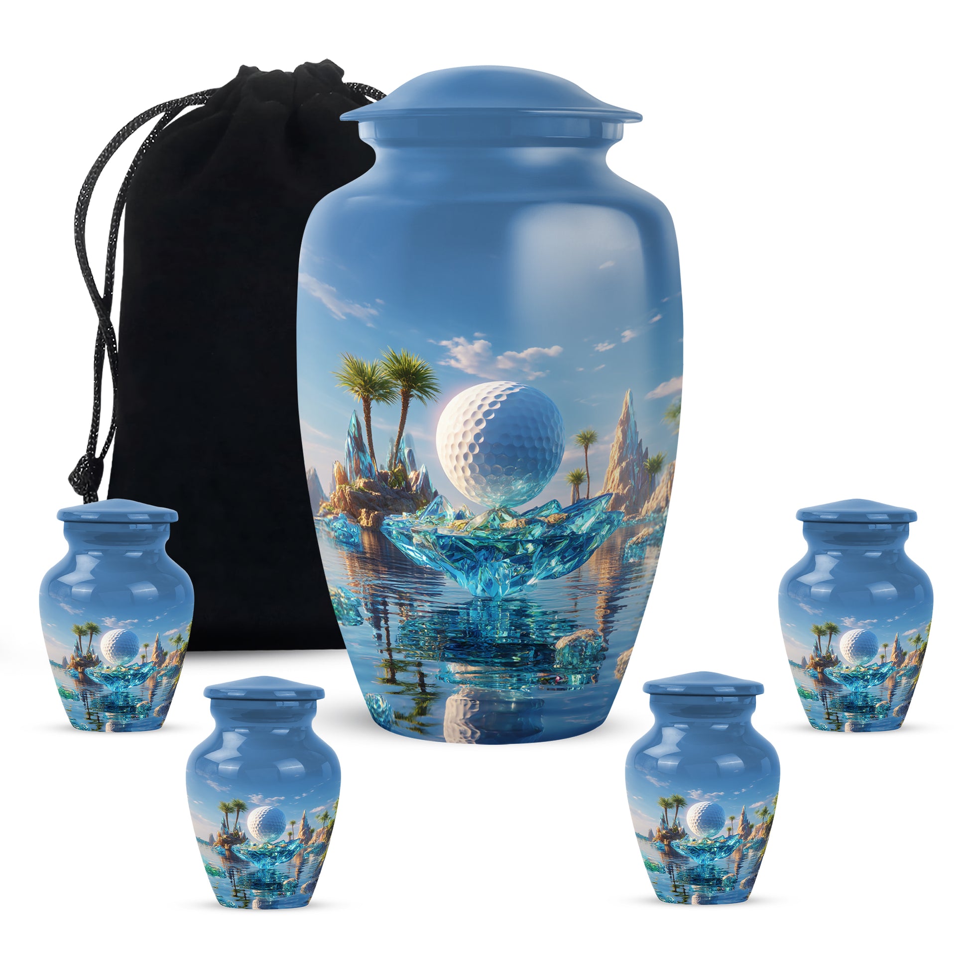 Calming Blue Golf Cremation Urn top-down view of secure threaded lid - traditional golf engraving with hand-polished finish - memorial set with one large and four small urns