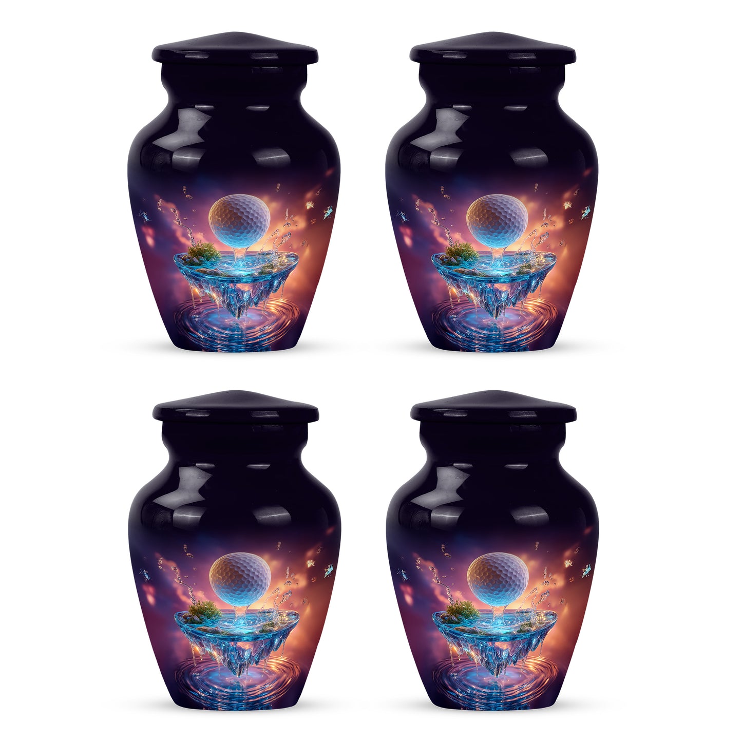 Plum Purple Golf Cremation Urn side profile showing urn shape - timeless golf motif etched into premium metal - 10 inch aluminum urn for cremated remains