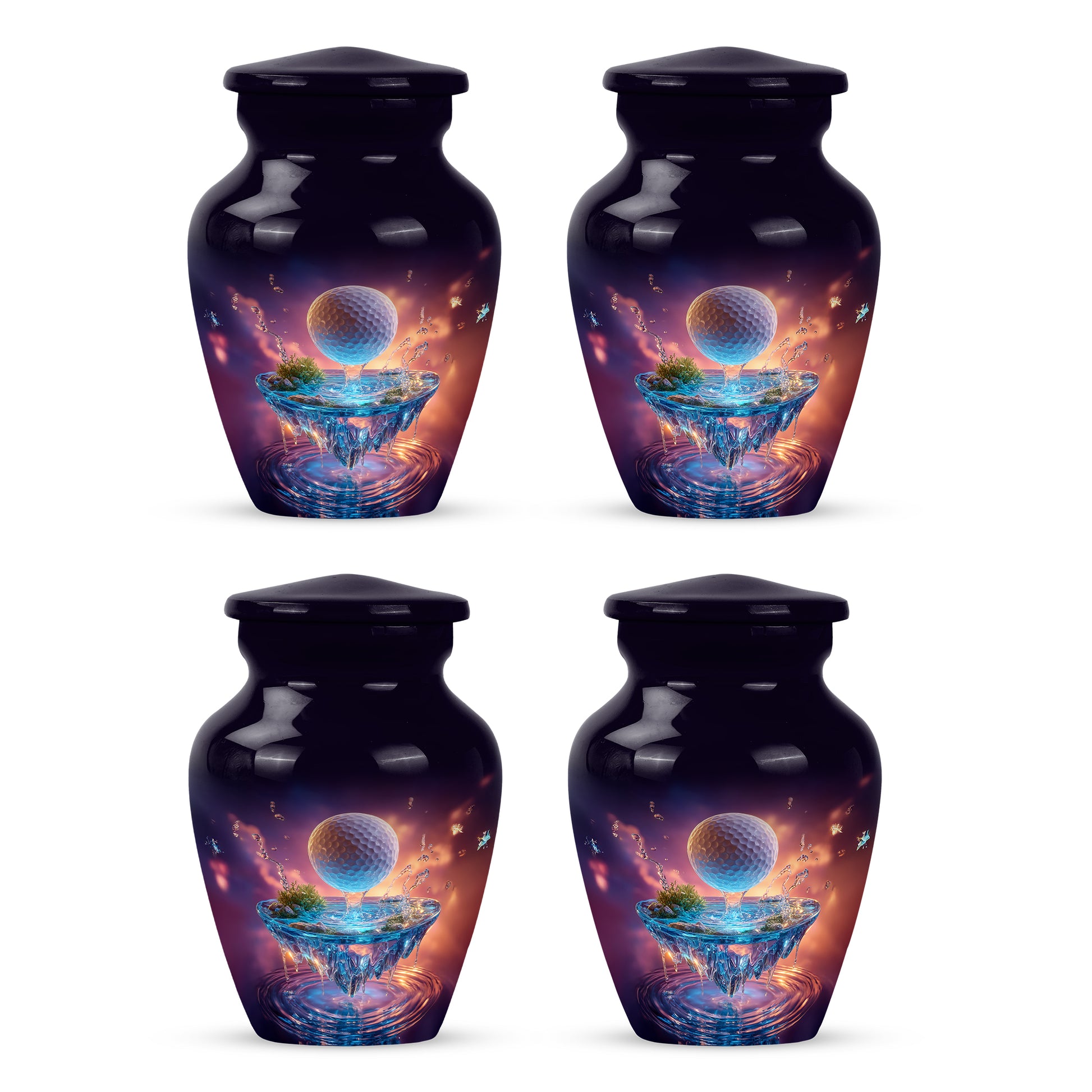 Plum Purple Golf Cremation Urn side profile showing urn shape - timeless golf motif etched into premium metal - 10 inch aluminum urn for cremated remains