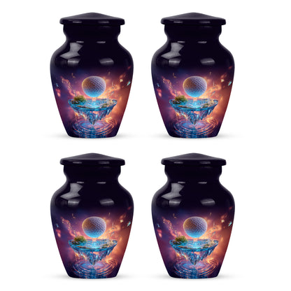 Plum Purple Golf Cremation Urn side profile showing urn shape - timeless golf motif etched into premium metal - 10 inch aluminum urn for cremated remains