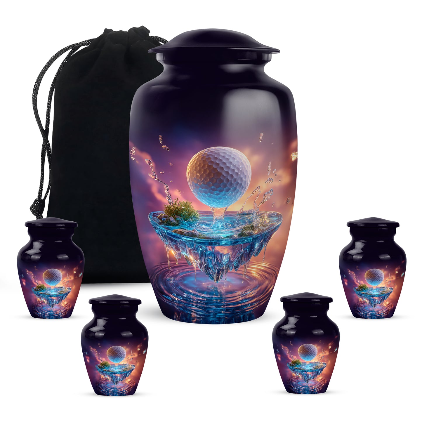 Plum Purple Golf Cremation Urn top-down view of secure threaded lid - timeless golf motif etched into premium metal - memorial set with one large and four small urns