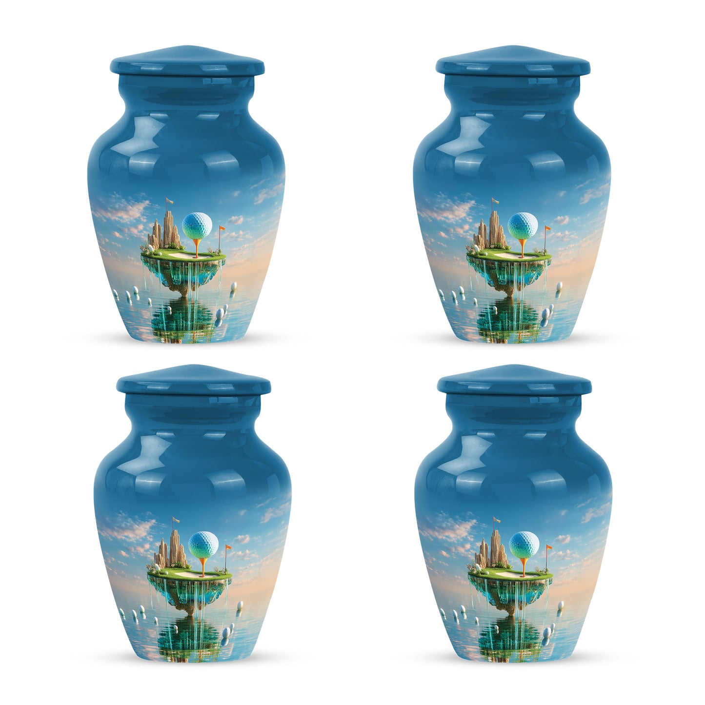Bright Blue Golf Cremation Urn side profile showing urn shape - elegant classic golf relief with fine detailing - 10 inch aluminum urn for cremated remains