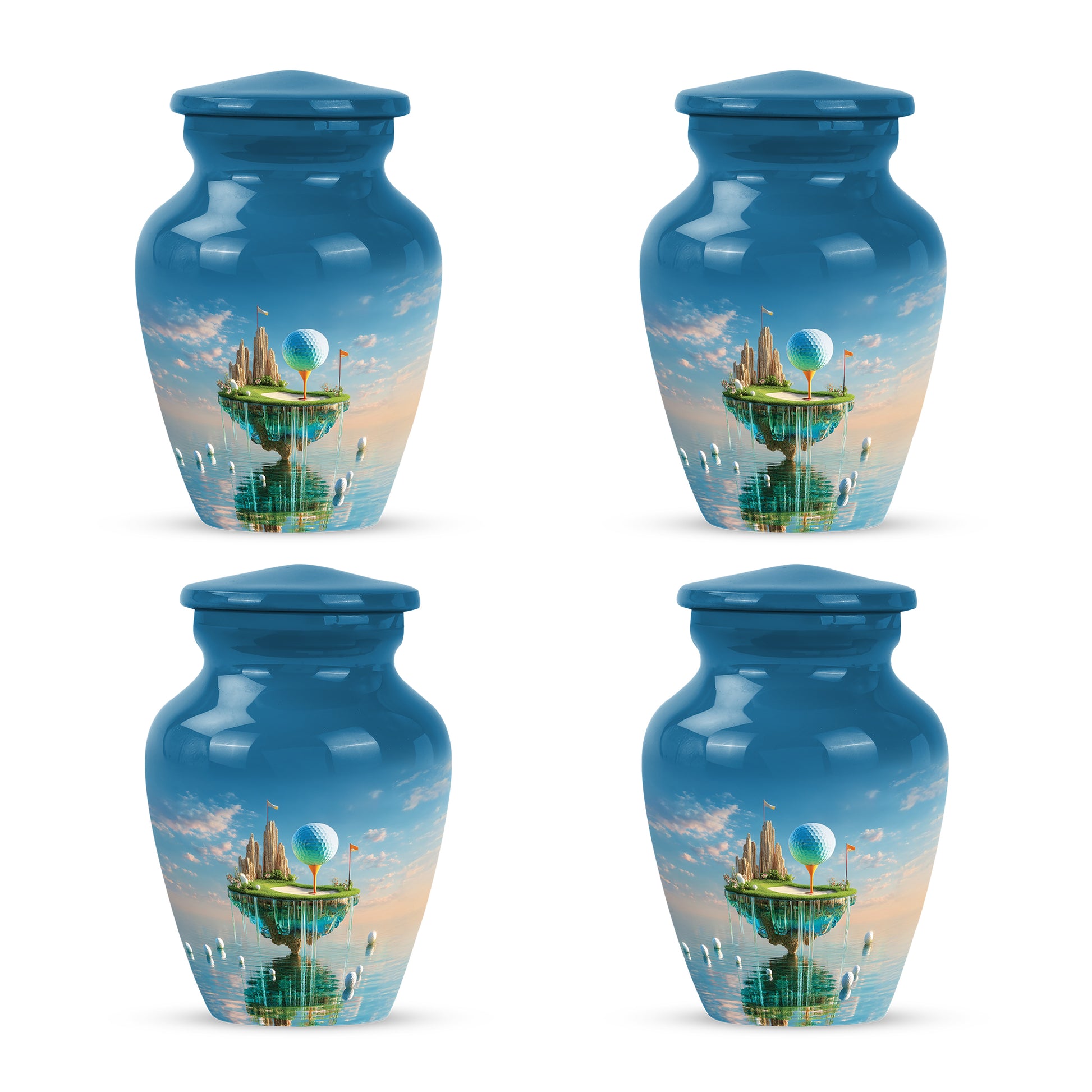 Bright Blue Golf Cremation Urn side profile showing urn shape - elegant classic golf relief with fine detailing - 10 inch aluminum urn for cremated remains