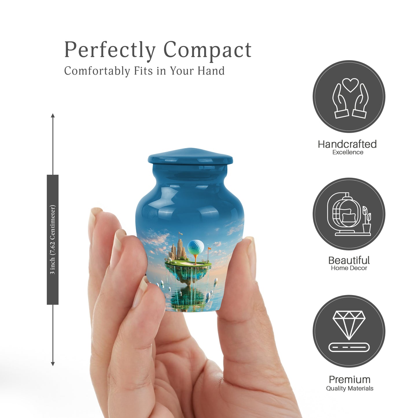 Powder Blue Golf Cremation Urn close-up of engraving and surface detail - timeless golf motif etched into premium metal - mini keepsake memorial for portion of cremation ashes