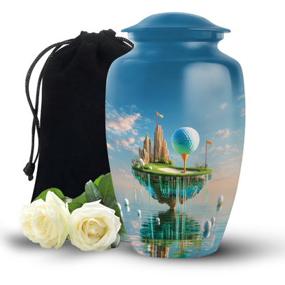 Azure Golf Cremation Urn angled view of lid and engraved motif - classic sculpted golf pattern on smooth aluminum - full-size 10 inch 200 cubic inch adult cremation urn