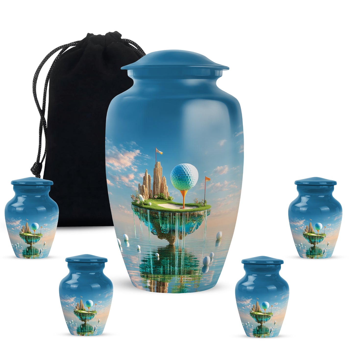 Sky Blue Golf Cremation Urn top-down view of secure threaded lid - classic sculpted golf pattern on smooth aluminum - memorial set with one large and four small urns