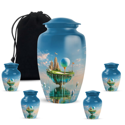 Sky Blue Golf Cremation Urn top-down view of secure threaded lid - classic sculpted golf pattern on smooth aluminum - memorial set with one large and four small urns