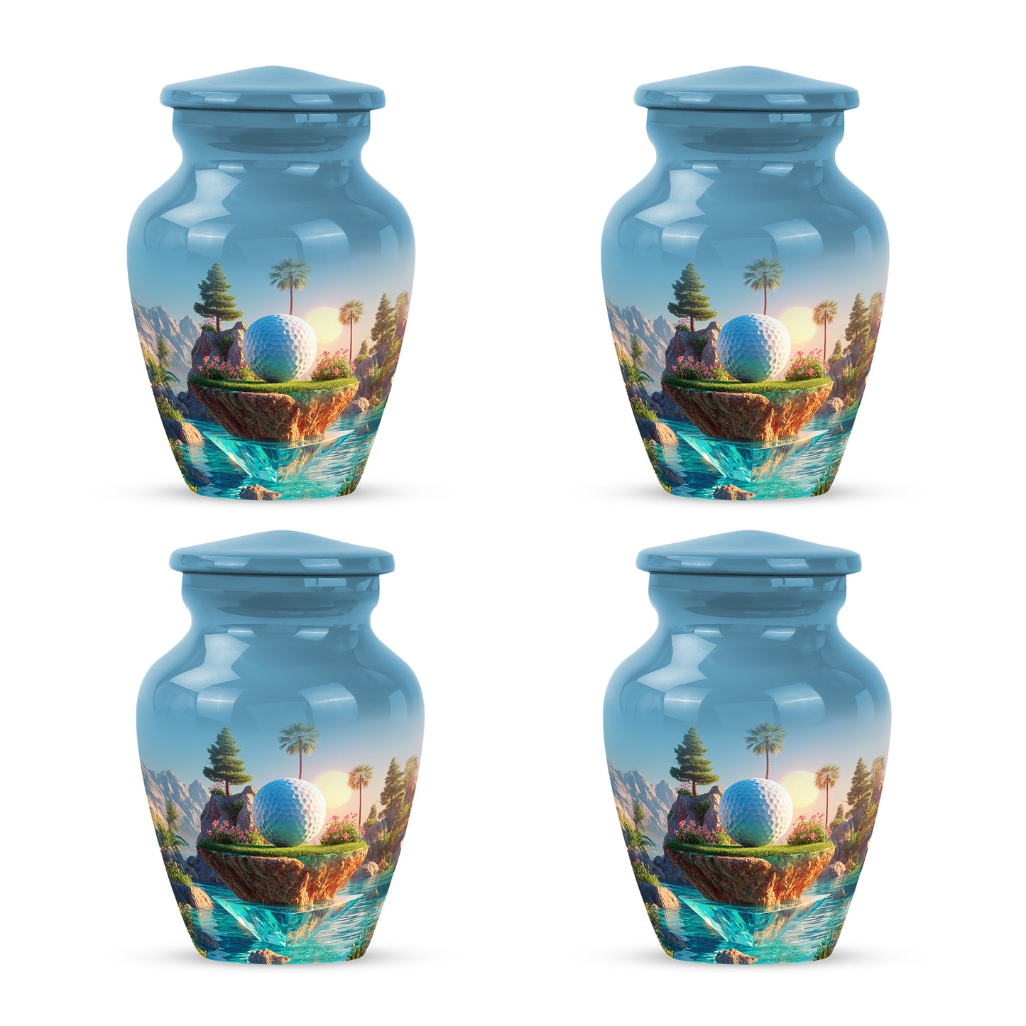 Pastel Blue Golf Cremation Urn side profile showing urn shape - classic sculpted golf pattern on smooth aluminum - 10 inch aluminum urn for cremated remains