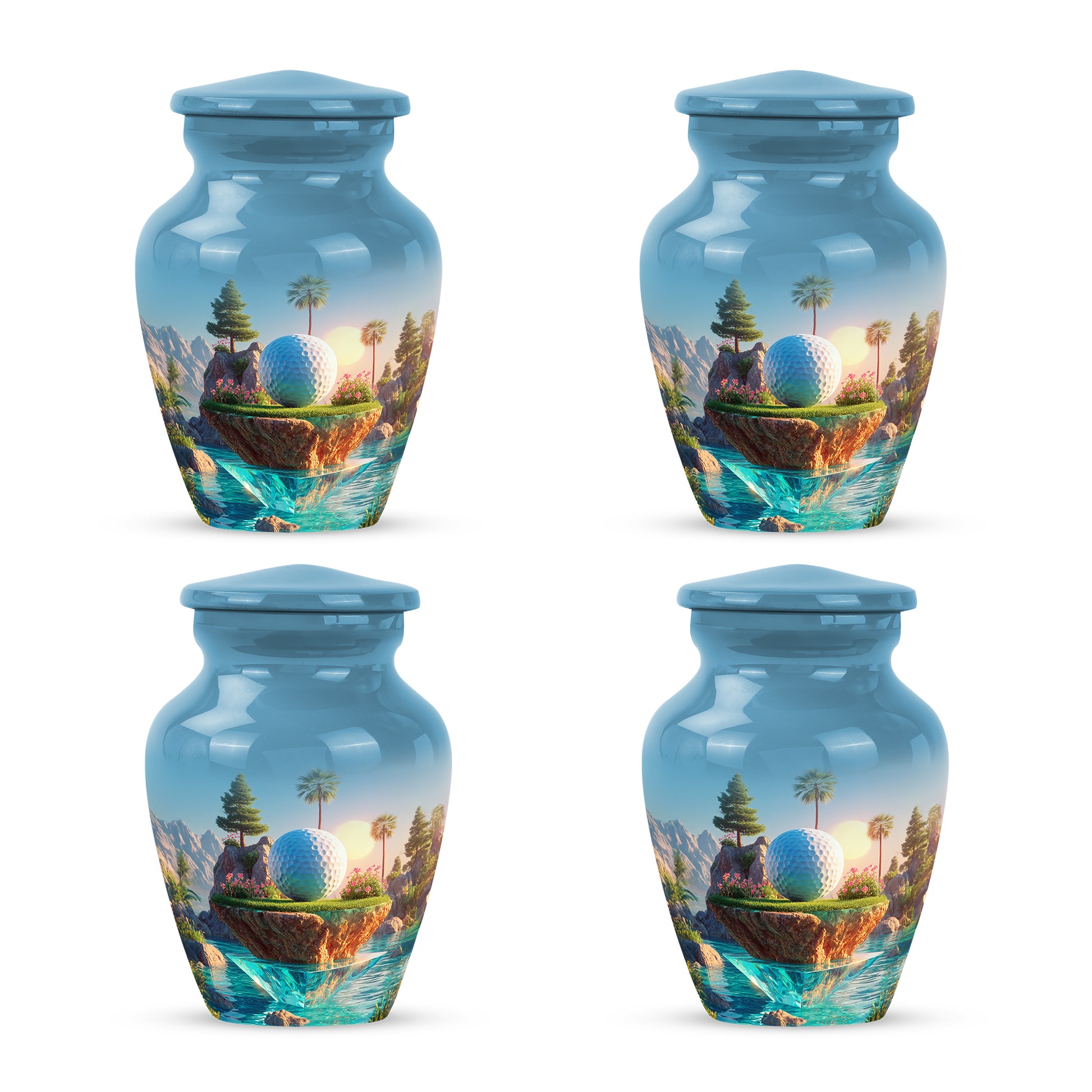 Pastel Blue Golf Cremation Urn side profile showing urn shape - classic sculpted golf pattern on smooth aluminum - 10 inch aluminum urn for cremated remains