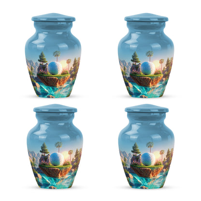 Pastel Blue Golf Cremation Urn side profile showing urn shape - classic sculpted golf pattern on smooth aluminum - 10 inch aluminum urn for cremated remains